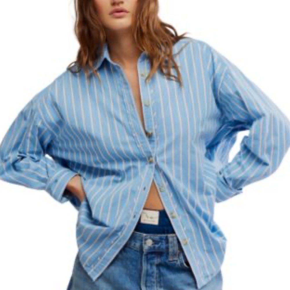 Free People Varsity Vibes Blue Striped Button Down Shirt
